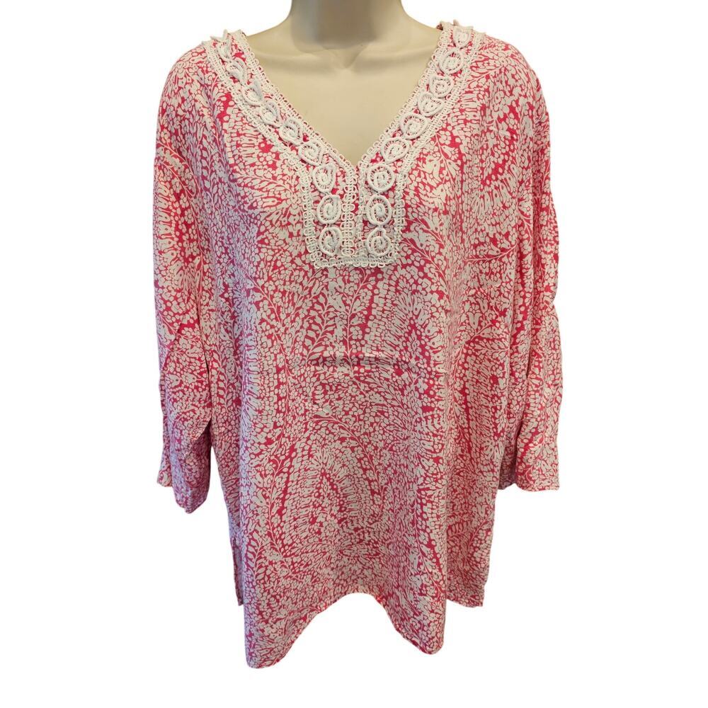 Kenar linen blend pink tunic top women's 1X boho lace trim EUC 1/2 sleeve
